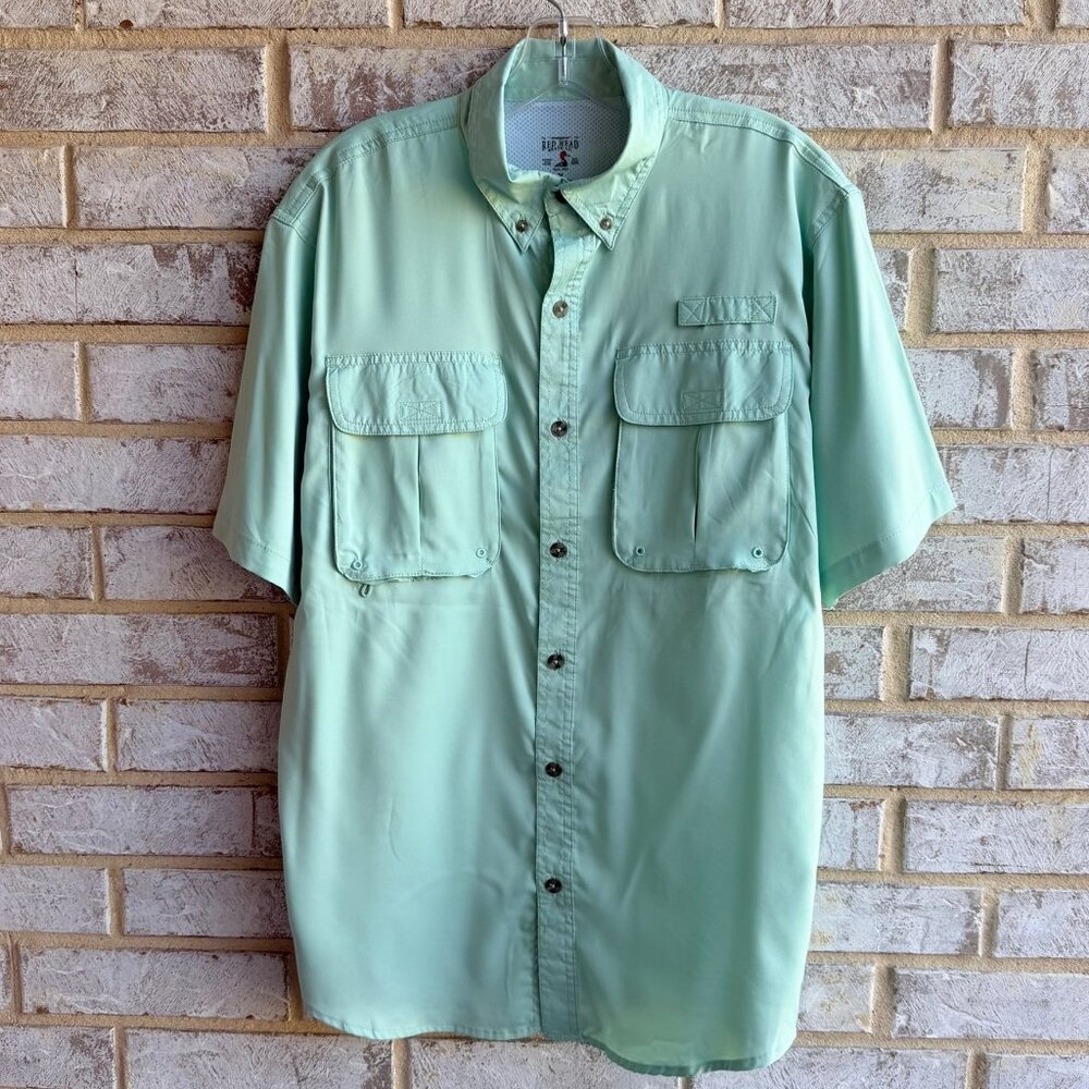 Red Head Short Sleeve Button Up Collared Mint Green Shirt Men's Size M